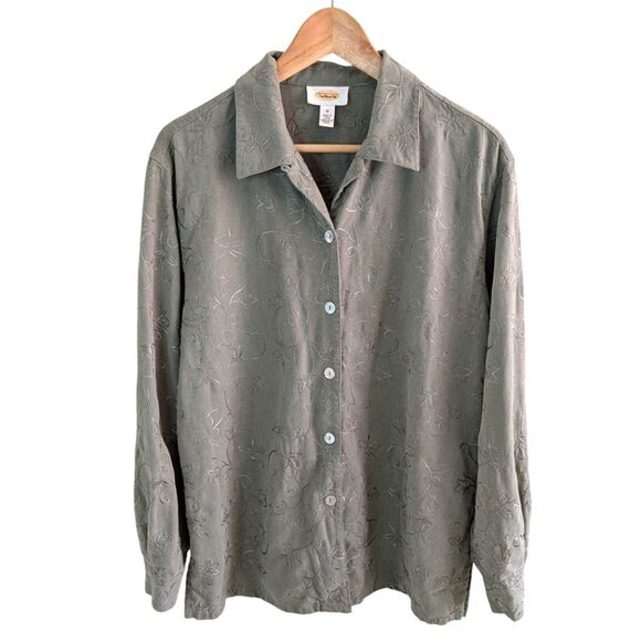 Talbots Floral Embroidered Button-Up Shirt Green Medium - Picture 1 of 10